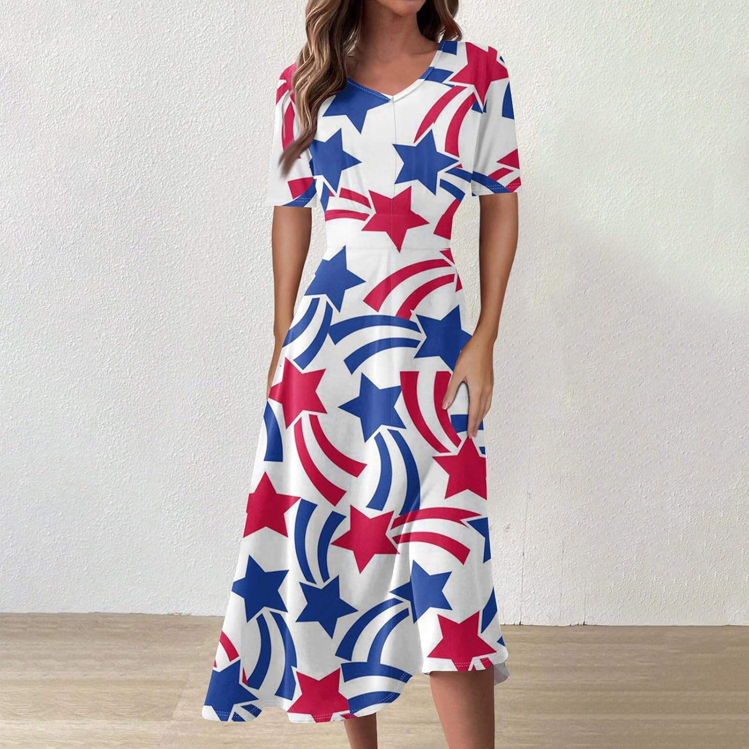 Women's Patriotic Star Print Midi Short Sleeve V-Neck Casual A-Line Dress for Summer Parties & Events