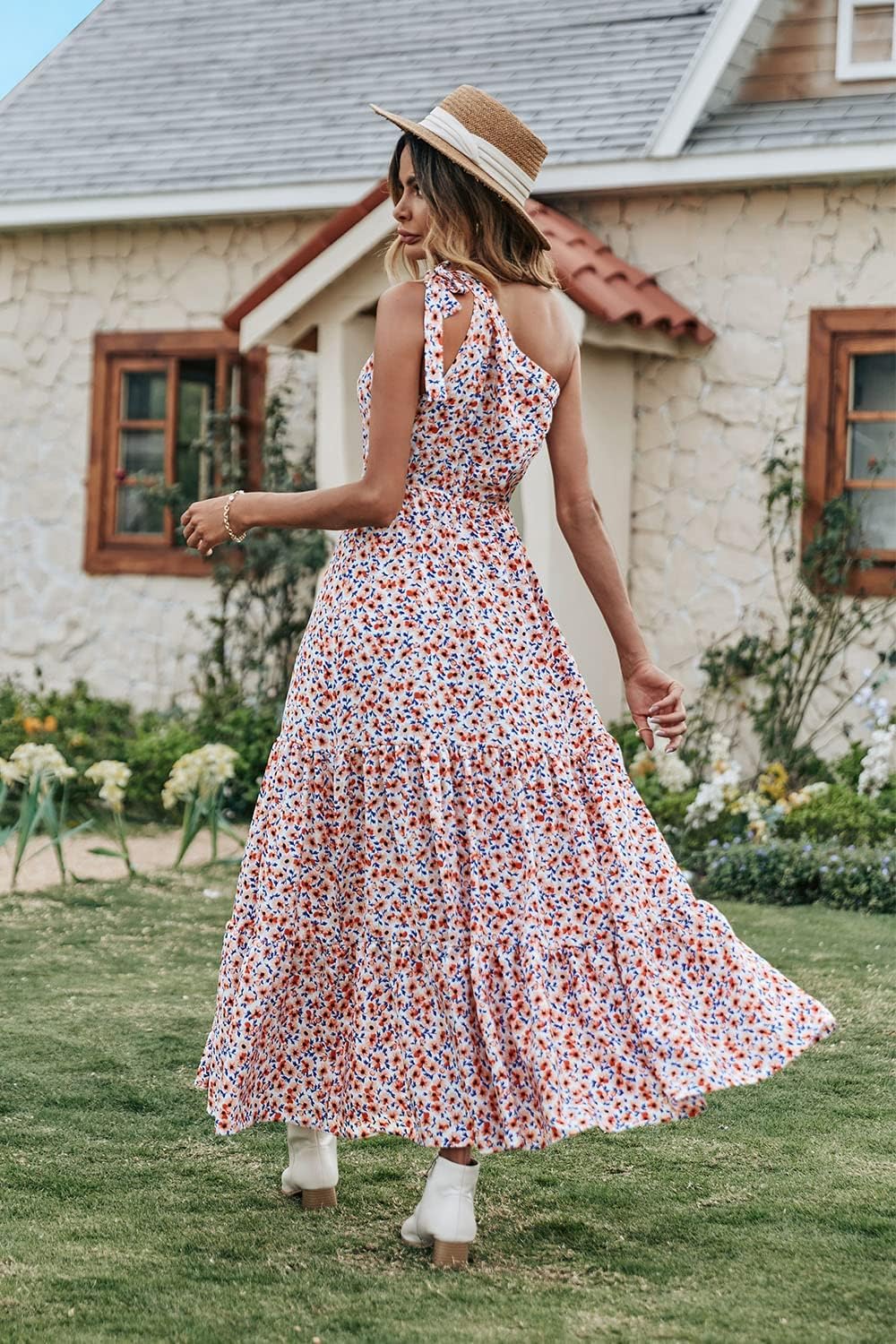 PRETTYGARDEN Women's Summer Floral Maxi Dress Knot One Shoulder Sleeveless Ruffle Flowy Boho Beach Wedding Guest Dresses
