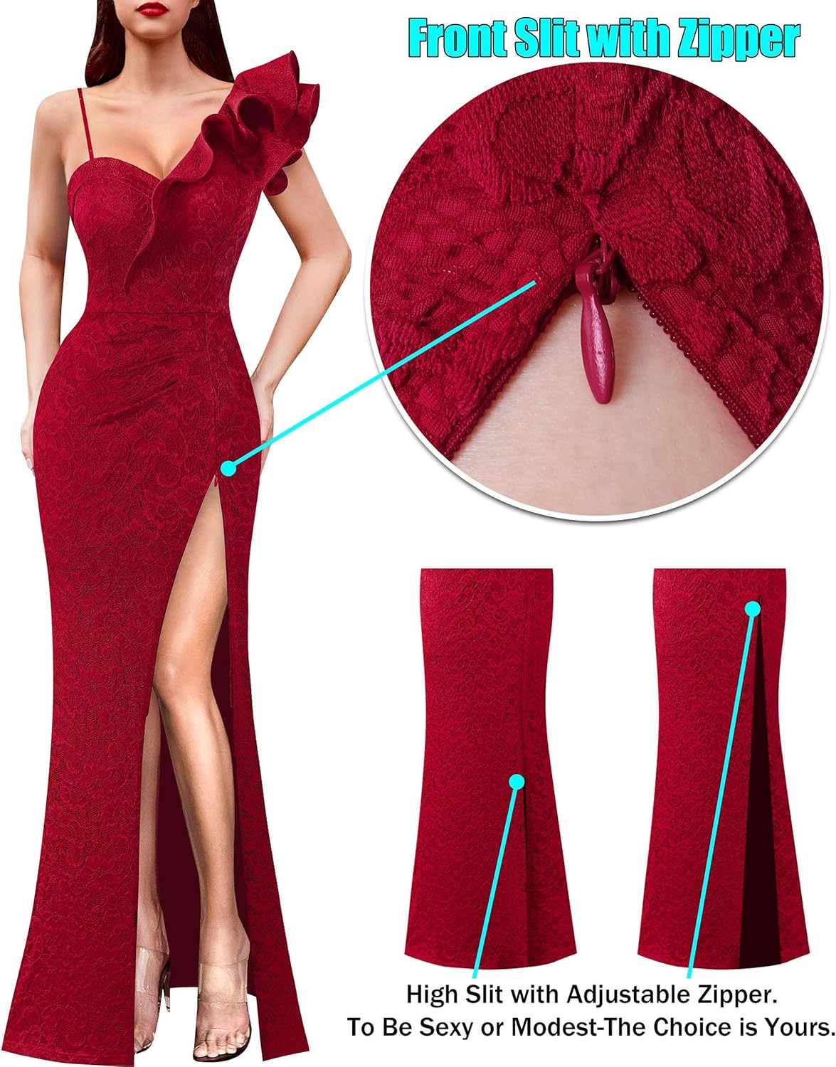 VFSHOW Womens Ruffle One Shoulder Strap Ruched Formal Prom Wedding Maxi Dress V Neck Elegant Split Cocktail Evening Long Gown