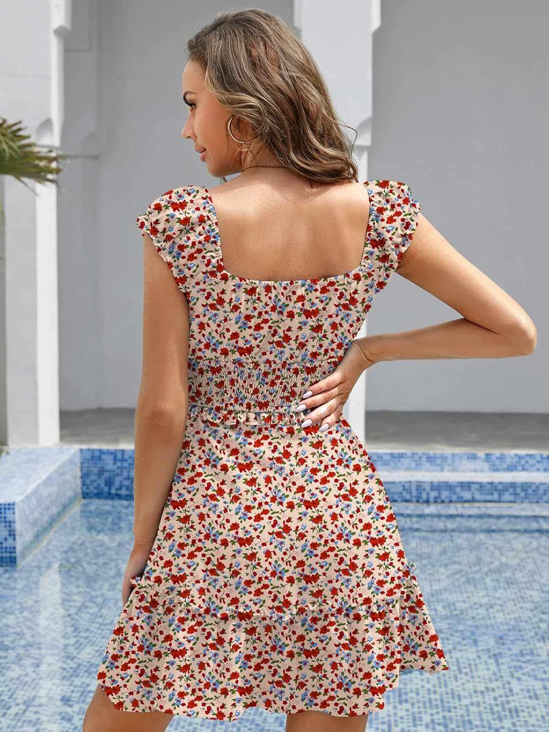 YOBECHO Women's Summer Ruffle Sleeve Sweetheart Neckline Printing Dress Mini Dress