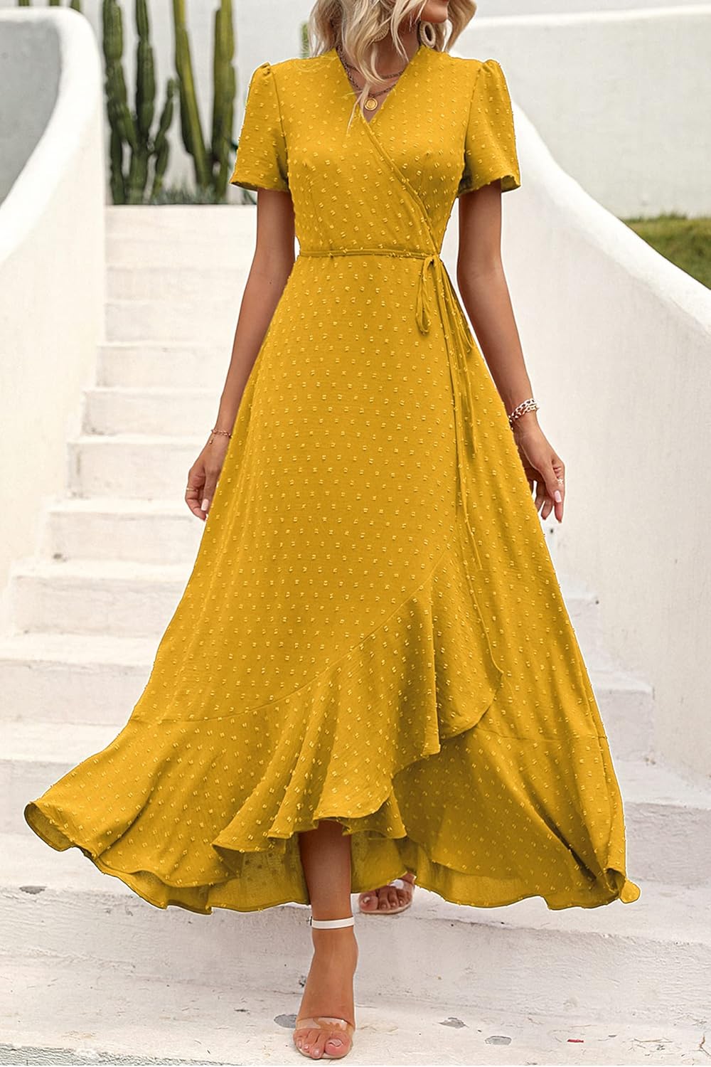 PRETTYGARDEN Women's Summer Wrap Maxi Dress Casual Short Sleeve Floral Boho V Neck Split Ruffle Beach Long Dresses