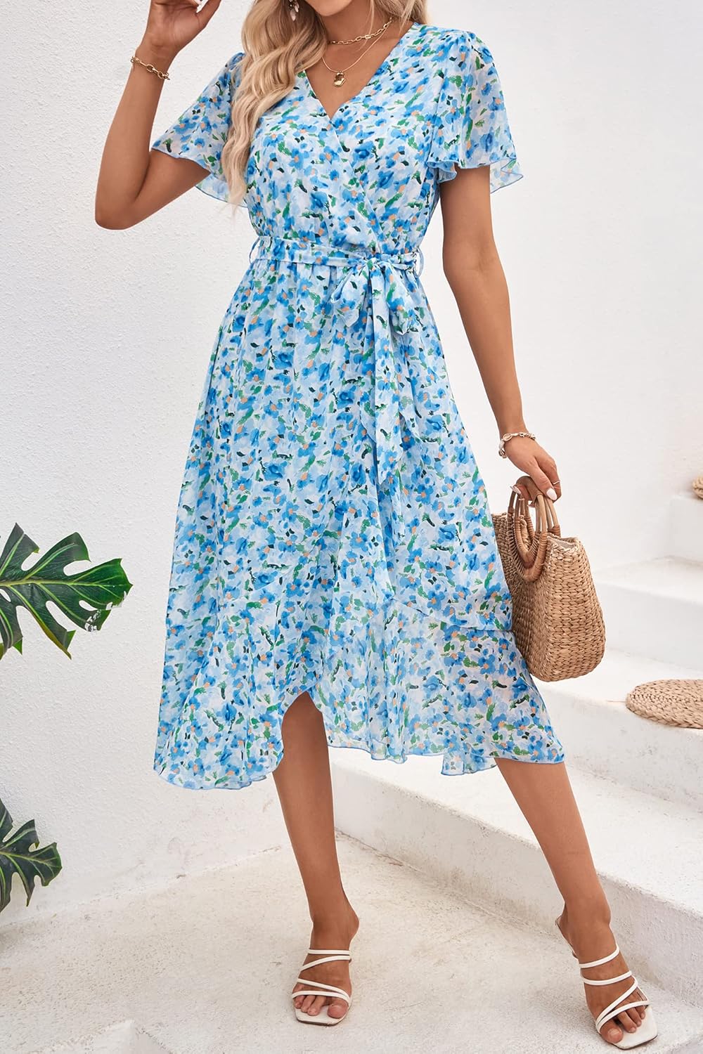 PRETTYGARDEN Women's Summer Floral Boho Dress Wrap V Neck Short Sleeve Ruffle A-Line Flowy Maxi Wedding Guest Dresses