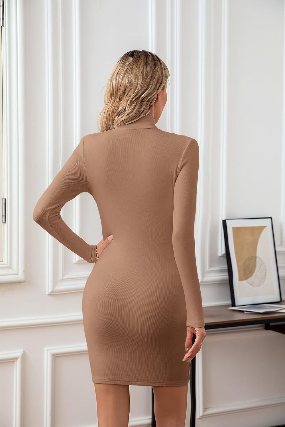 VICHYIE Women Mock Neck Ribbed Bodycon Dress Long Sleeve Mini Pencil Dresses