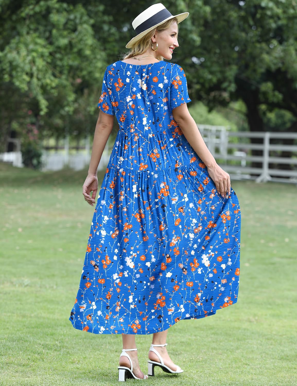 YESNO Women Casual Loose Bohemian Floral Dress with Pockets Short Sleeve Long Maxi Summer Beach Swing Dress EJF
