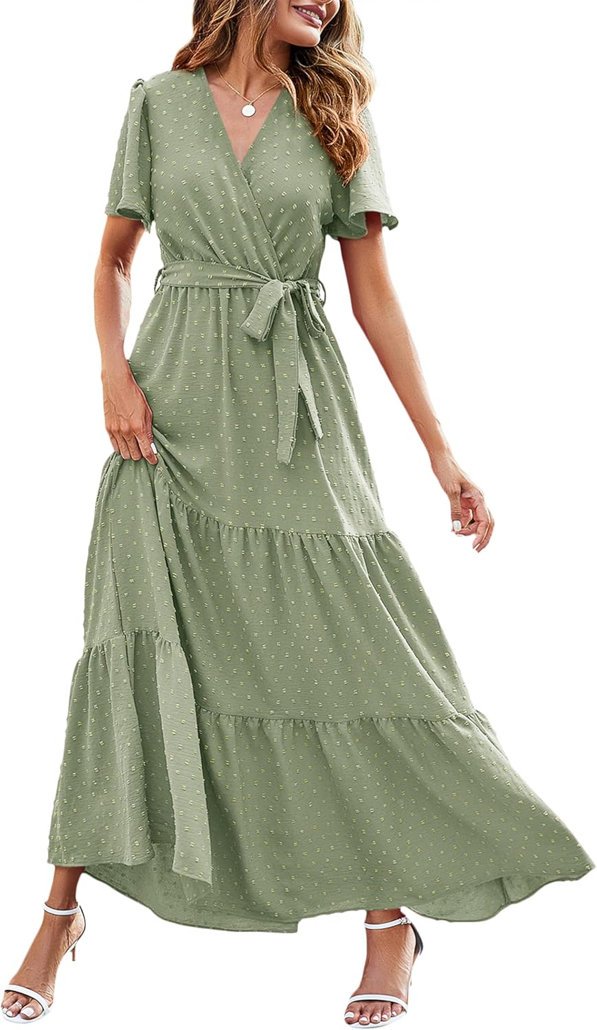 MASCOMODA Womens Boho Swiss Dot Maxi Dresses Wrap V Neck Flutter Short Sleeve Solid Tie Belt A Line Tiered Flowy Long Dress