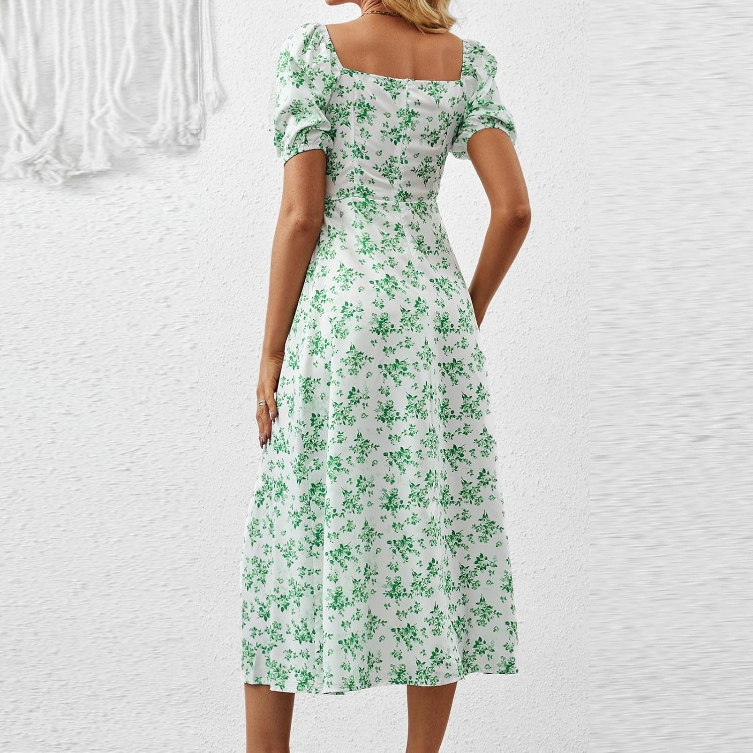 Women's Sundresses 2025 Summer Casual Loose Trendy Bubble Sleeve Square Neck Split Bow Floral Print Dress Plus Size, XS-3XL