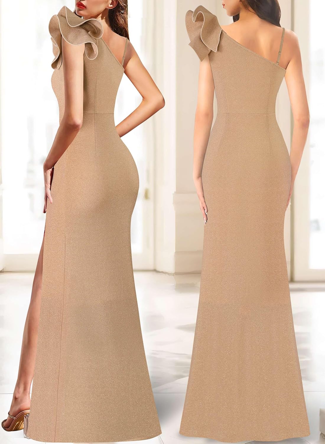 VFSHOW Womens Ruffle One Shoulder Strap Ruched Formal Prom Wedding Maxi Dress V Neck Elegant Split Cocktail Evening Long Gown