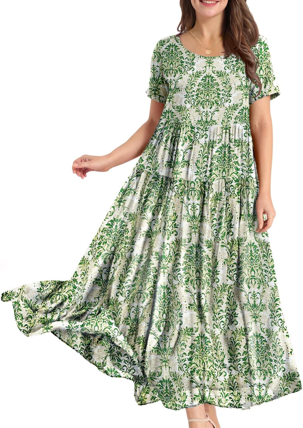 YESNO Women Casual Loose Bohemian Floral Dress with Pockets Short Sleeve Long Maxi Summer Beach Swing Dress EJF