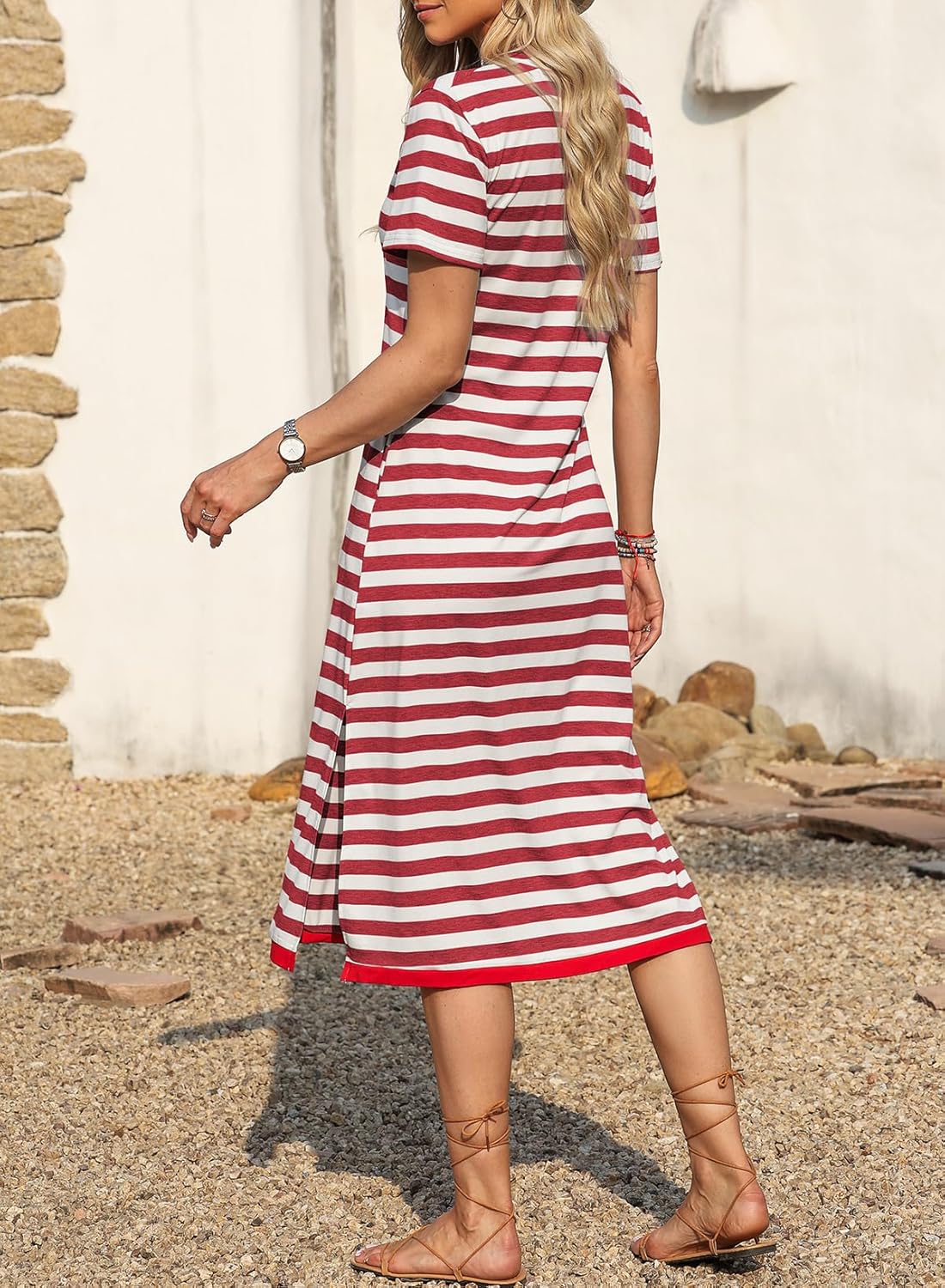 Dokotoo Summer Dress Casual Womens Fashion Short Sleeve Maxi Dress T Shirt Dress Striped Long Color Block Maxi Dress