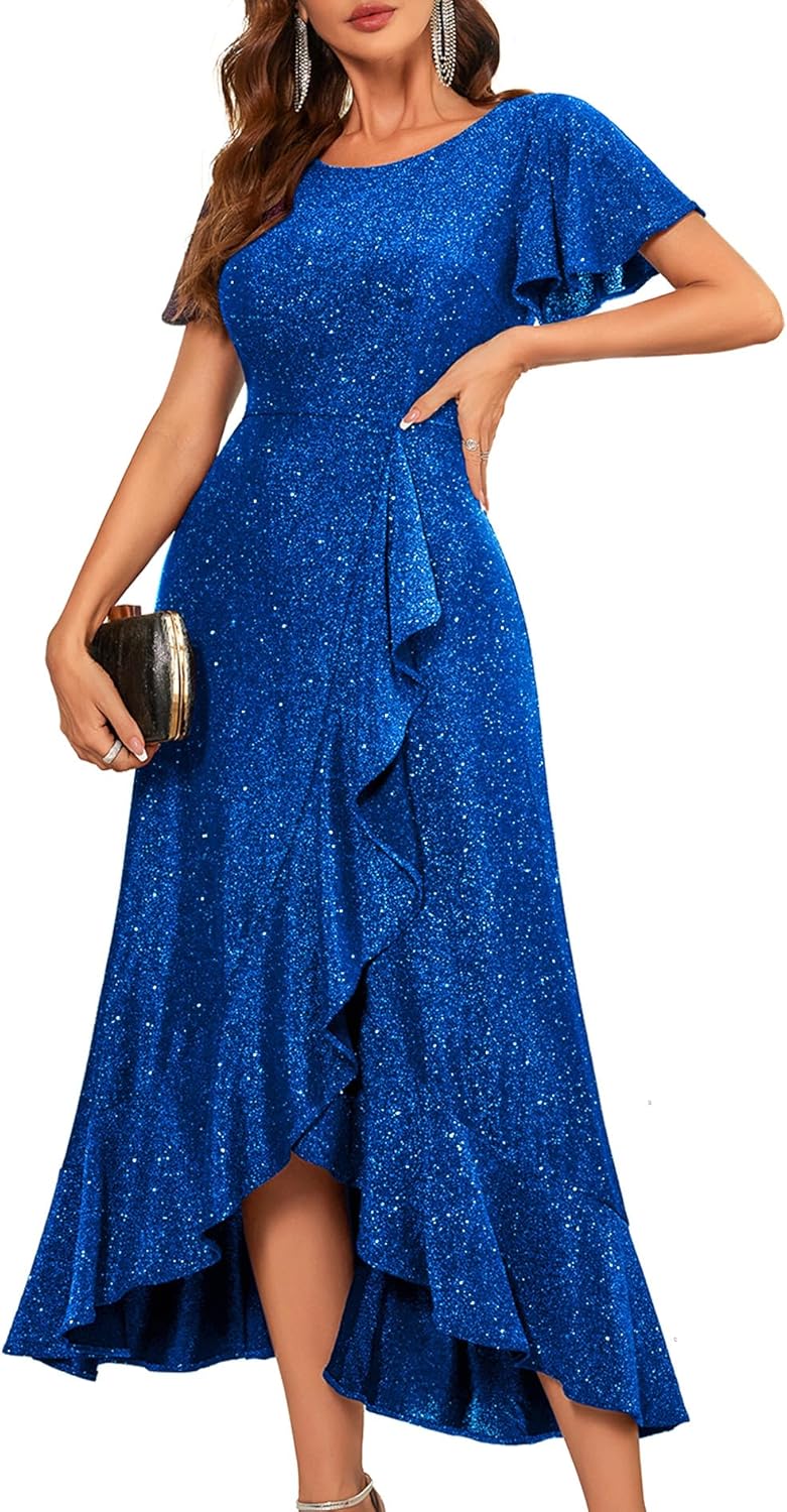 BeryLove Women Sequin Formal Party Dress Flutter Short Sleeve Wedding Cocktail Long Evening Dress