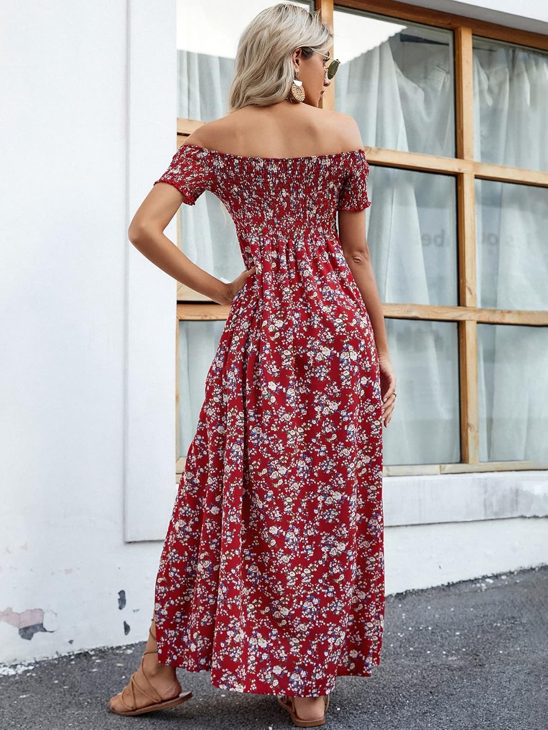 Floerns Women's Boho Floral Print Off Shoulder Split Long A Line Dress
