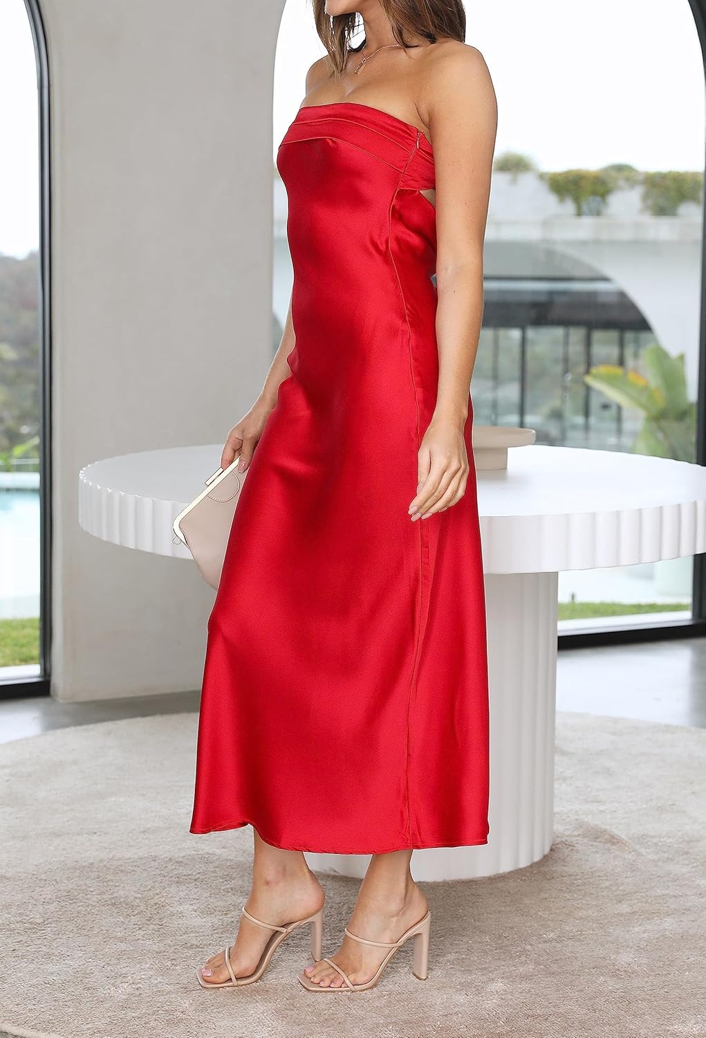 MEROKEETY Women 2025 Summer Strapless Satin Tube Bodycon Backless Wedding Guest Maxi Dress