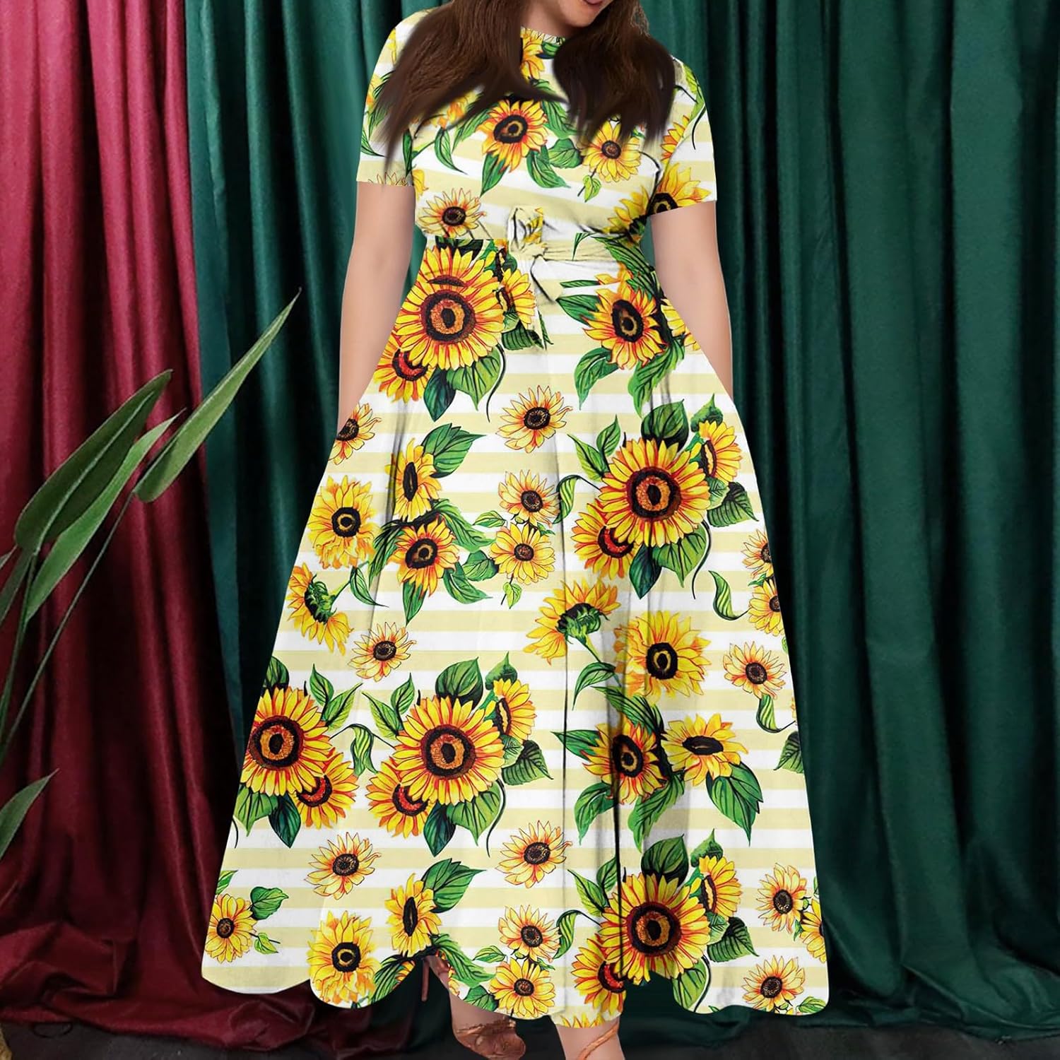 ZEFOTIM Maxi Dress for Women Plus Size Cute Floral Dress Short Sleeve Crew Neck Dresses