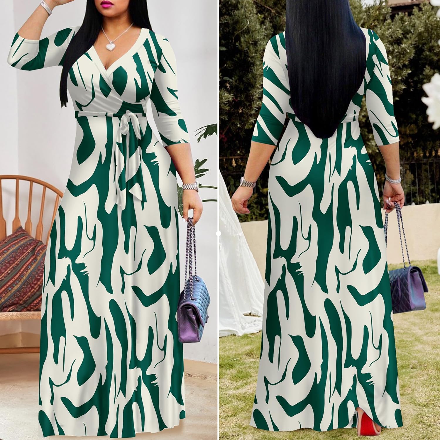 FANDEE Plus Size Maxi Dress for Women Casual Summer Sundress V-Neck 3/4 Sleeve