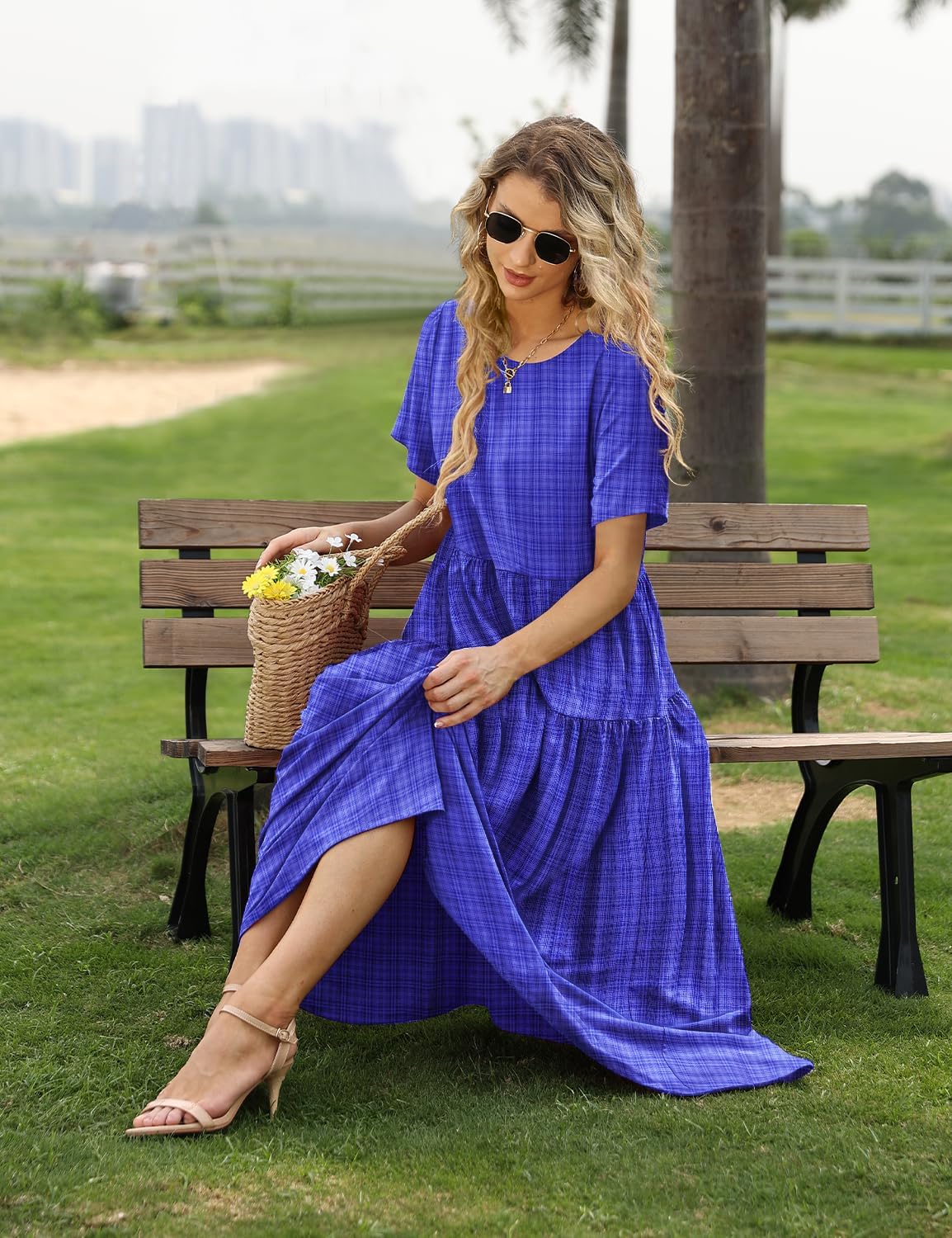 YESNO Women Casual Loose Bohemian Floral Dress with Pockets Short Sleeve Long Maxi Summer Beach Swing Dress EJF