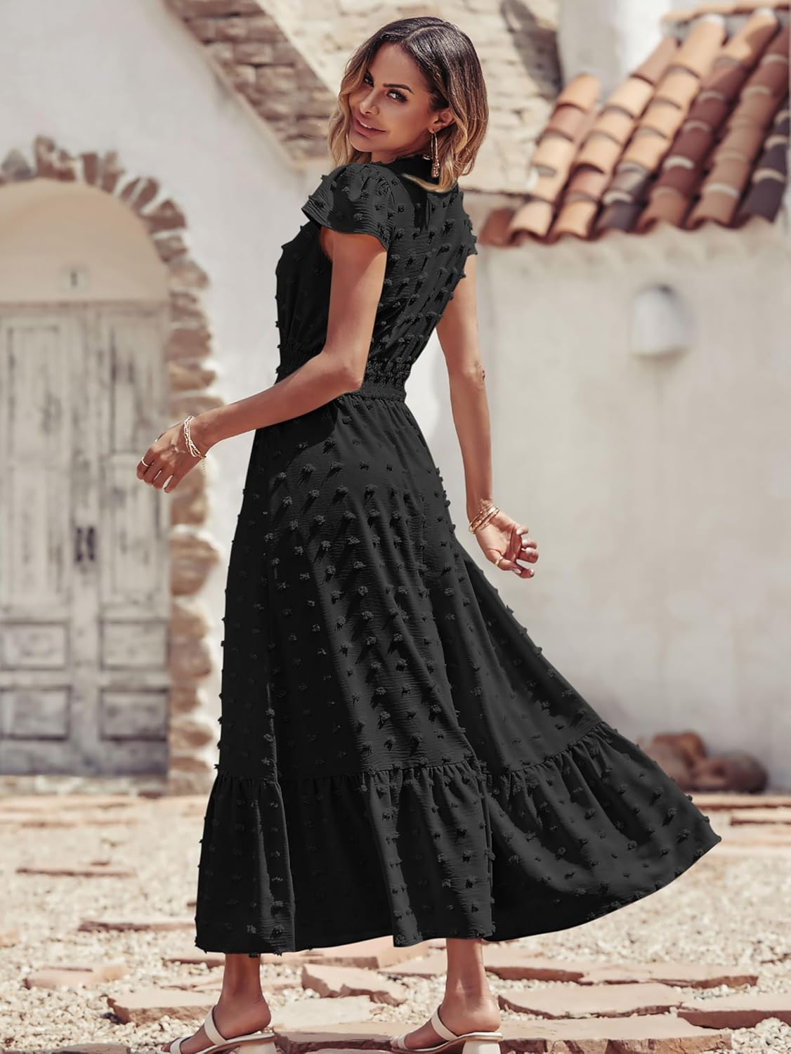 PRETTYGARDEN Womens Dresses 2025 Summer Maxi Dress Boho Short Sleeve V Neck Swiss Dot Ruffle Tiered Smocked Flowy Long Dress