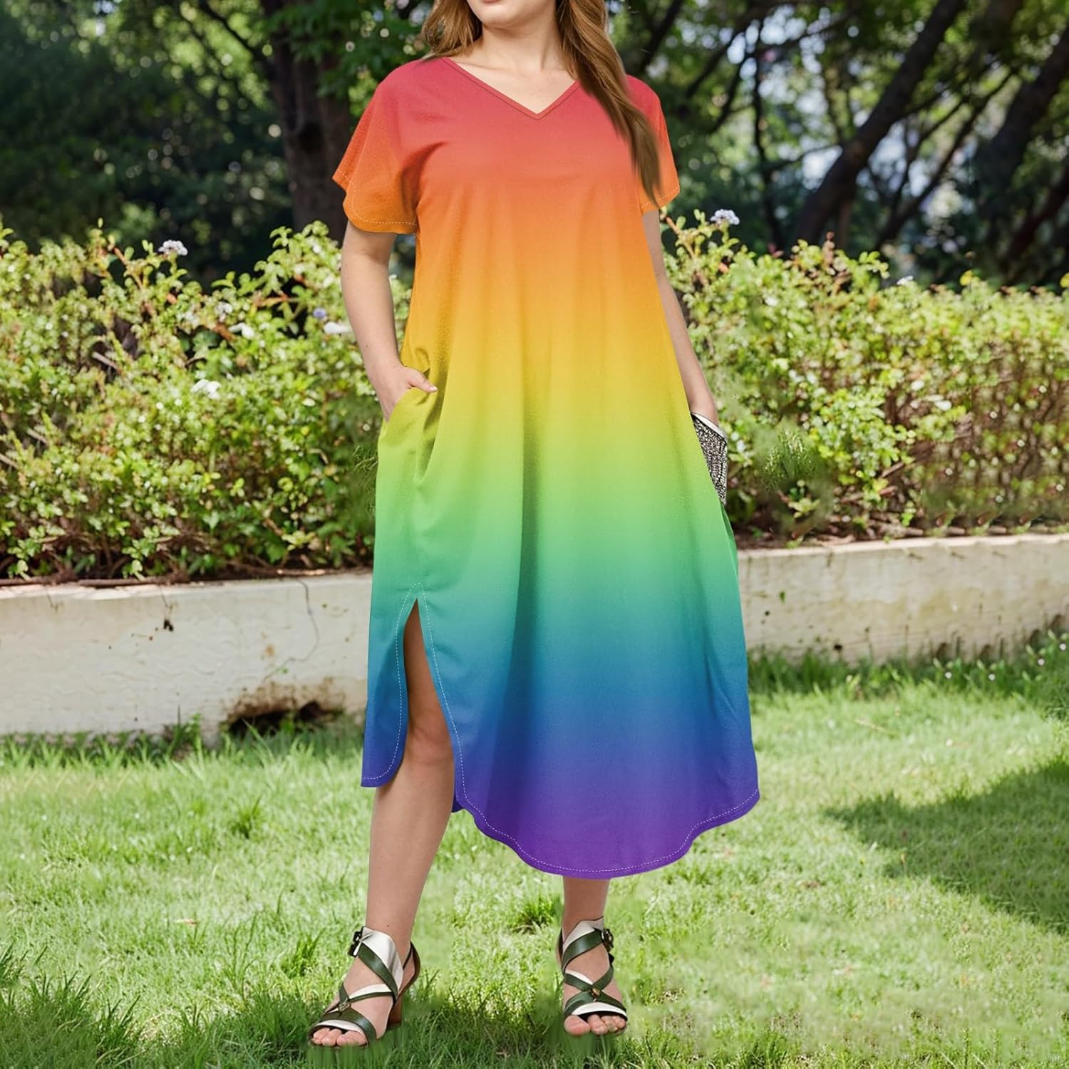 Maxi Dresses for Women 2025 Plus Size Tie Dye V Neck Dress Short Sleeve Side Split Beach Summer Sundress with Pocket