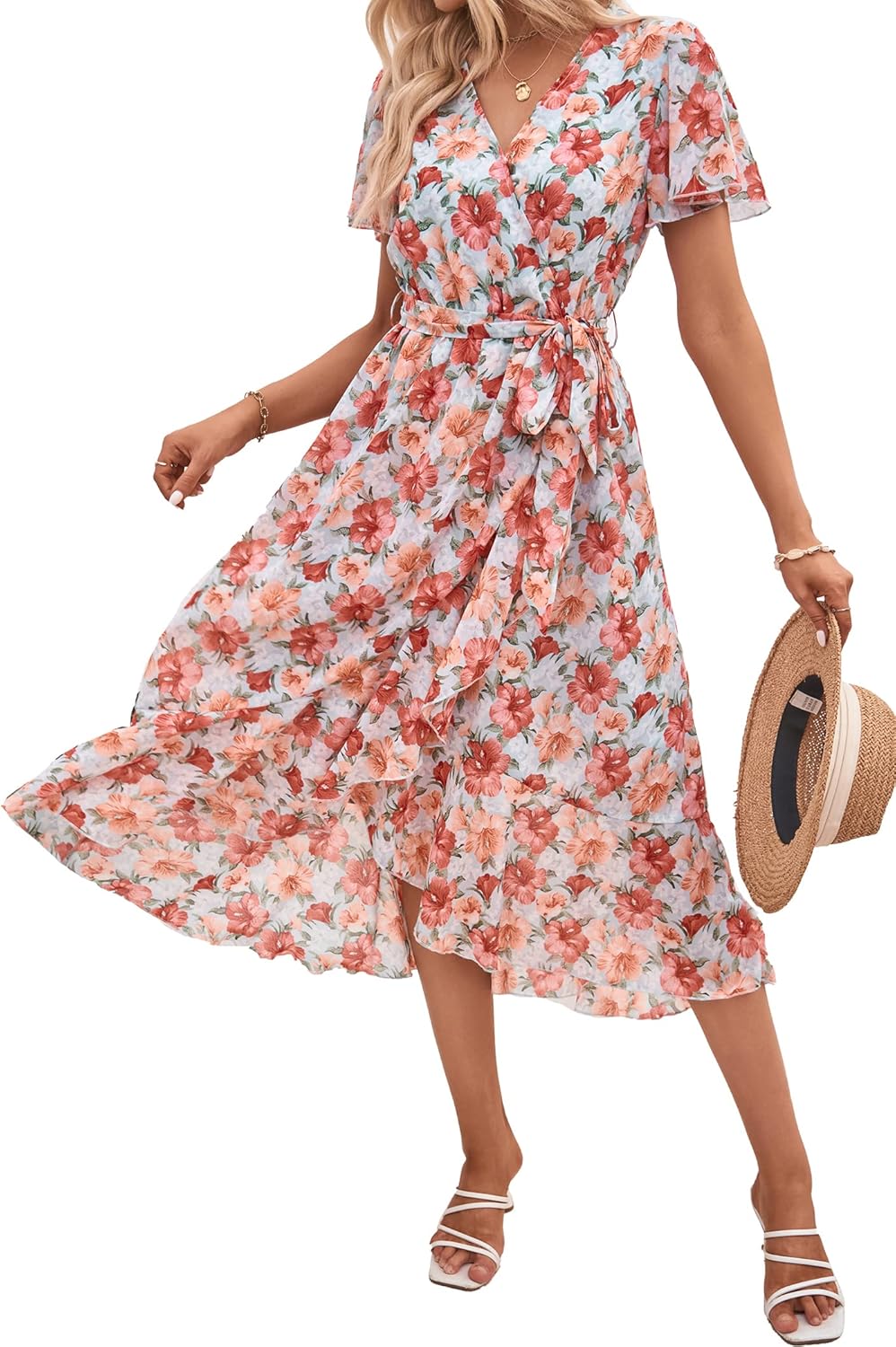 PRETTYGARDEN Women's Summer Floral Boho Dress Wrap V Neck Short Sleeve Ruffle A-Line Flowy Maxi Wedding Guest Dresses