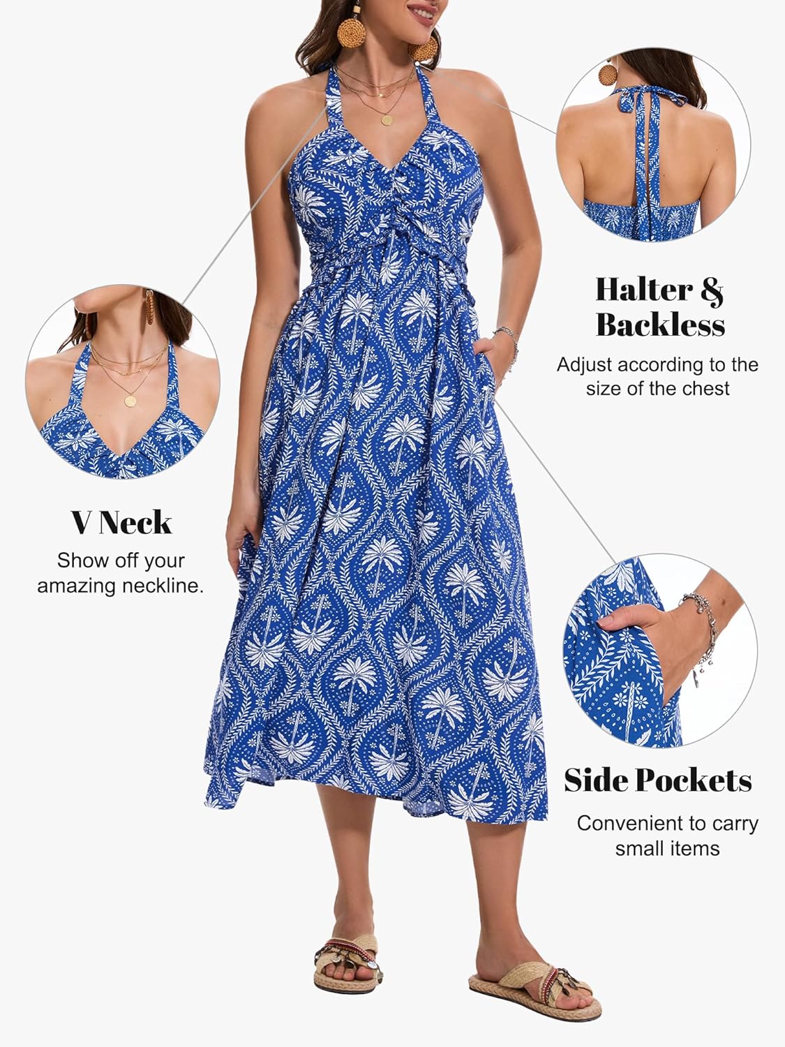 GUBERRY Women's Summer Sundresses with Pockets Halter Neck Smocked Sleeveless Flowy Beach Maxi Dress