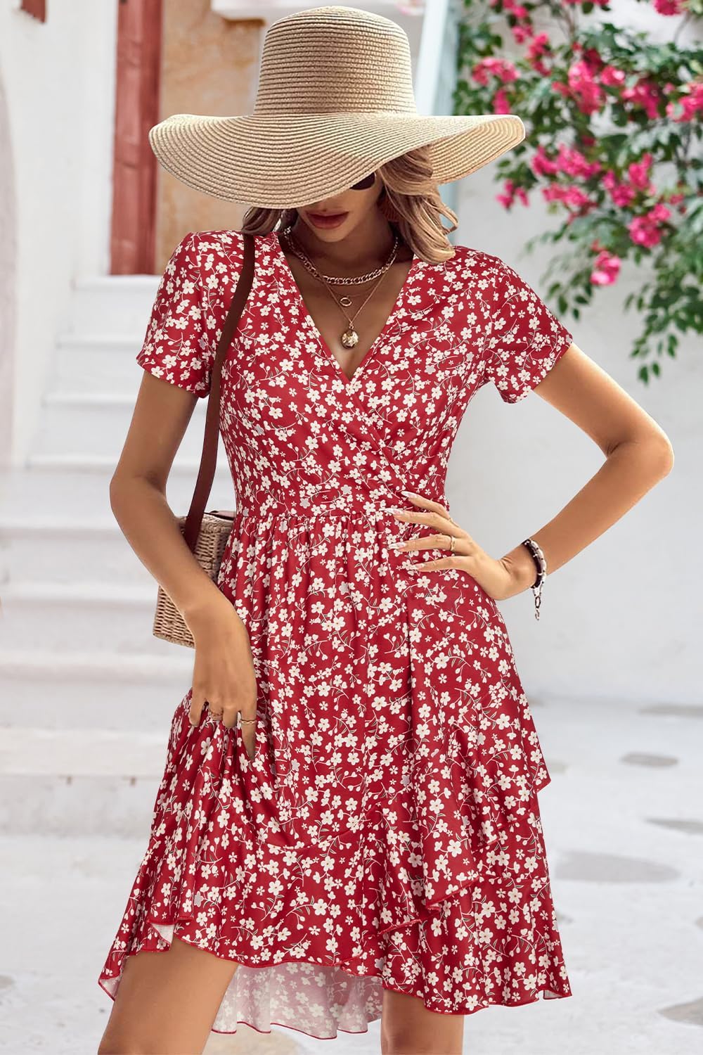 ULTRANICE Womens Summer Dresses Floral V Neck Ruffled Hem Spaghetti Spring Casual Beach Outfits Flowy Wrap Sun Dress