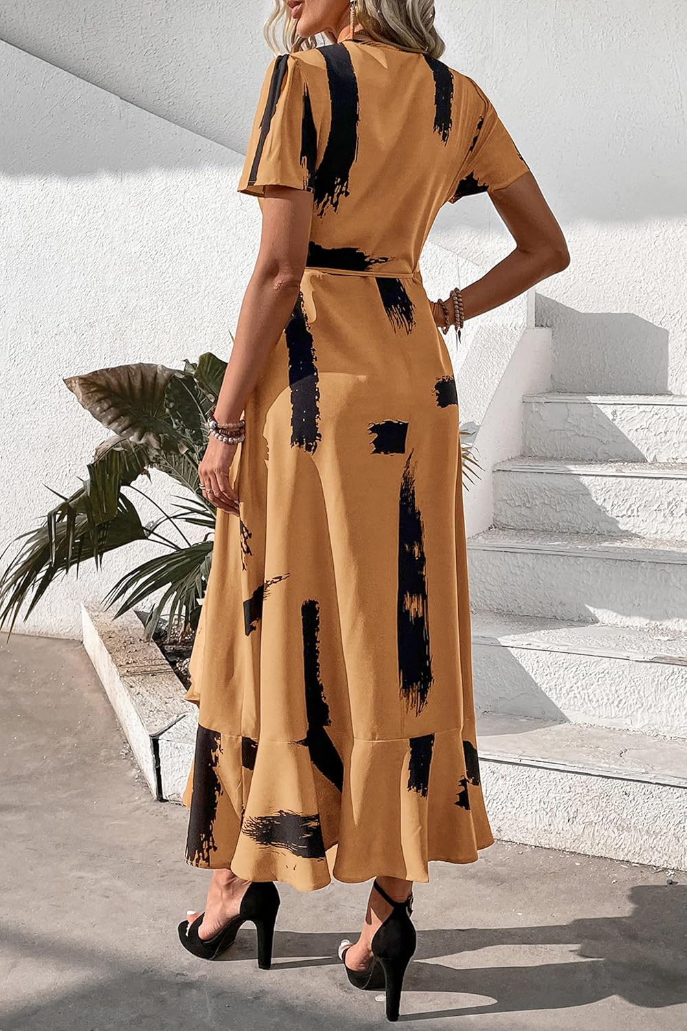 PRETTYGARDEN Women's Summer Wrap Maxi Dress Casual Short Sleeve Floral Boho V Neck Split Ruffle Beach Long Dresses