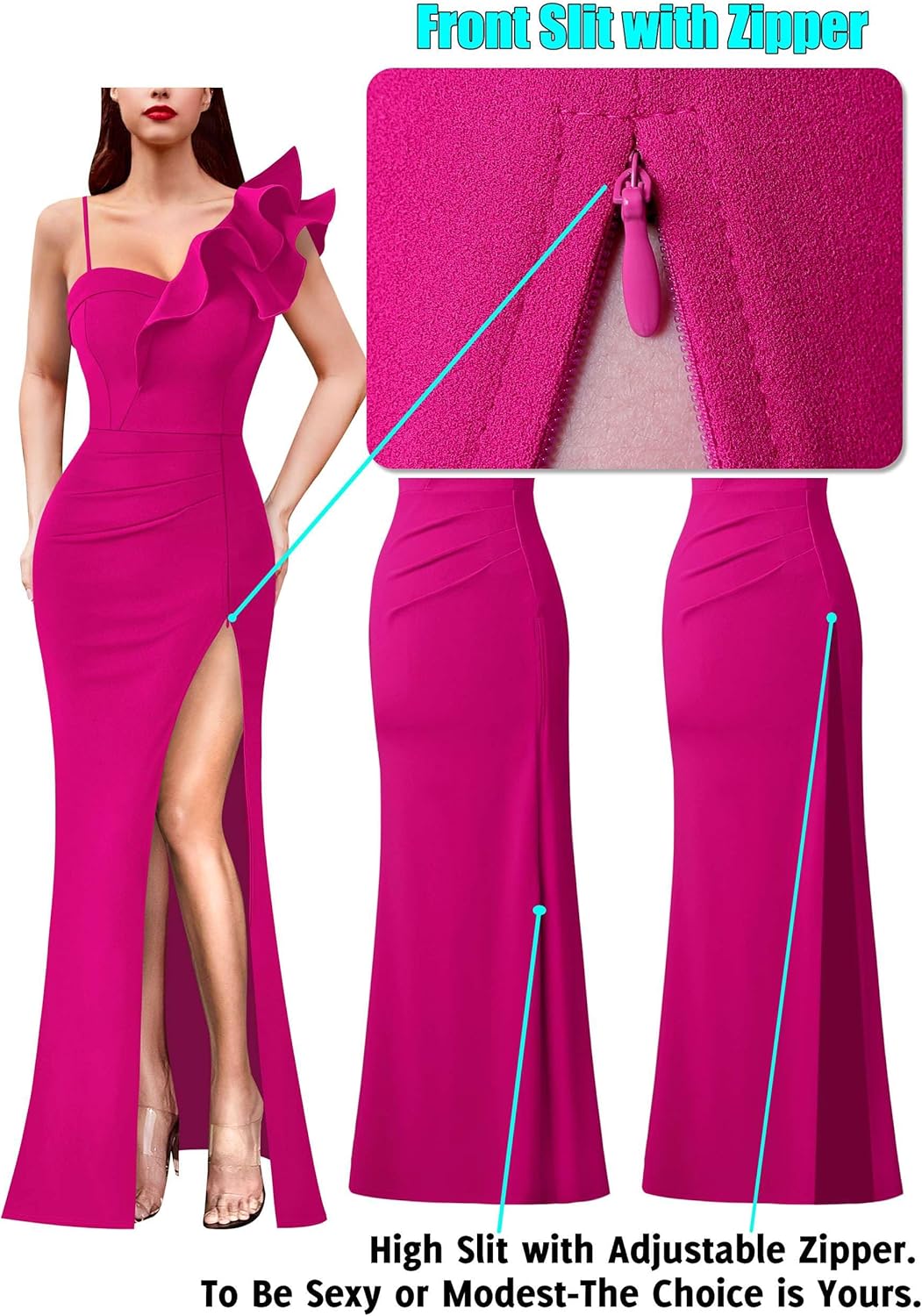 VFSHOW Womens Ruffle One Shoulder Strap Ruched Formal Prom Wedding Maxi Dress V Neck Elegant Split Cocktail Evening Long Gown