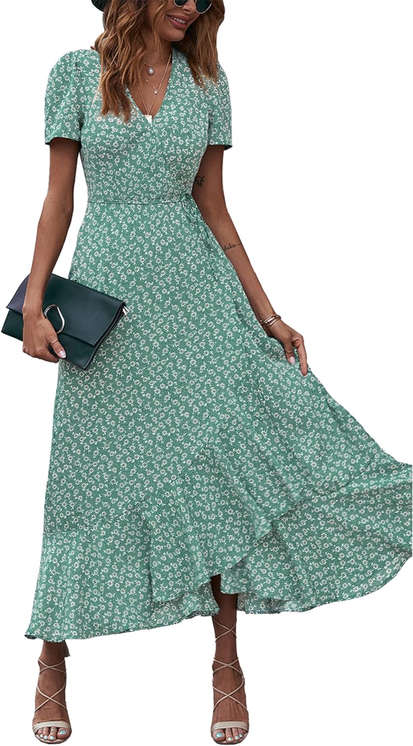 PRETTYGARDEN Women's Summer Wrap Maxi Dress Casual Short Sleeve Floral Boho V Neck Split Ruffle Beach Long Dresses