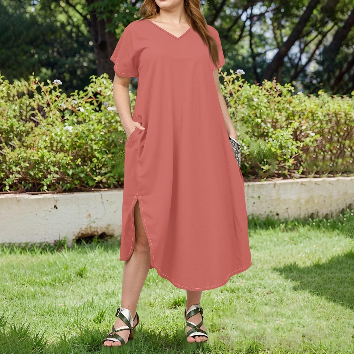Maxi Dresses for Women 2025 Plus Size Tie Dye V Neck Dress Short Sleeve Side Split Beach Summer Sundress with Pocket