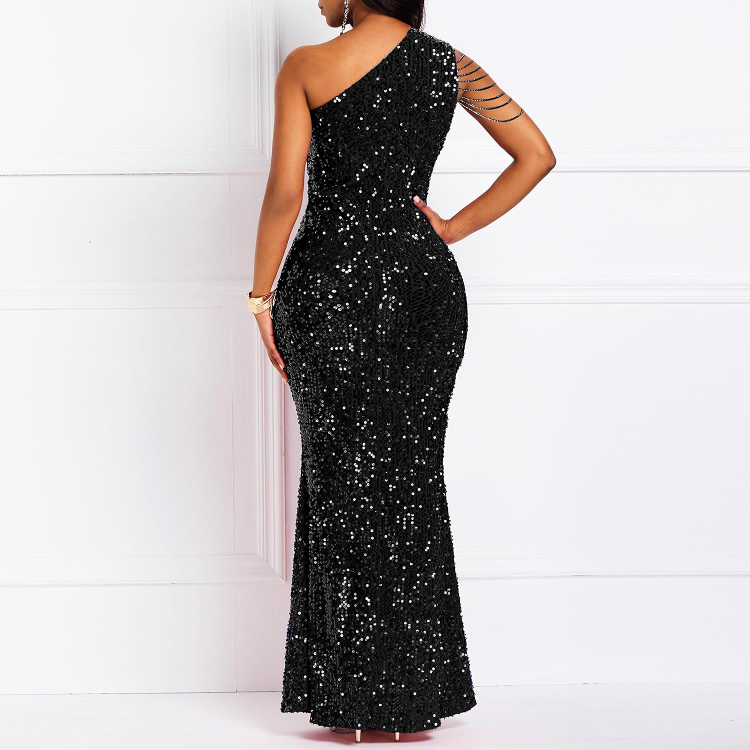 Cololura Women Sequin Elegant Sexy One Shoulder Tassel Mermaid Bodycon Cocktail Evening Dress