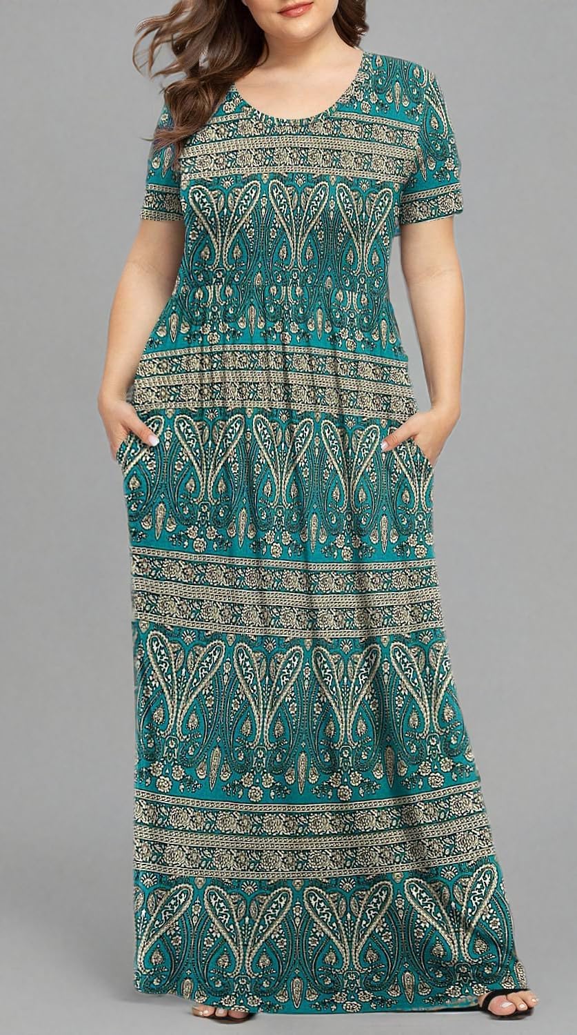 LONGYUAN Women's Plus Size Maxi Dresses for Curvy Women Summer Short Sleeve Casual 2025 Long Dress XL-6XL