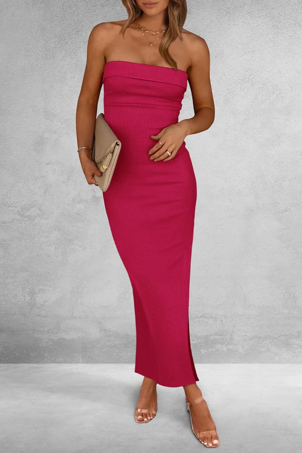 PRETTYGARDEN Women's Summer Bodycon Maxi Tube Dress Ribbed Strapless Side Slit Long Going Out Casual Elegant Party Dresses