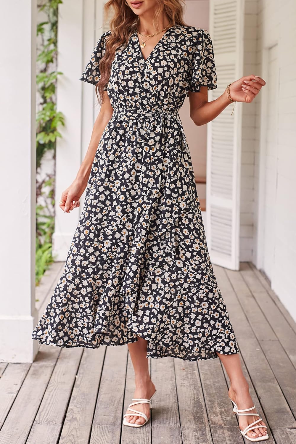 PRETTYGARDEN Women's Summer Floral Boho Dress Wrap V Neck Short Sleeve Ruffle A-Line Flowy Maxi Wedding Guest Dresses