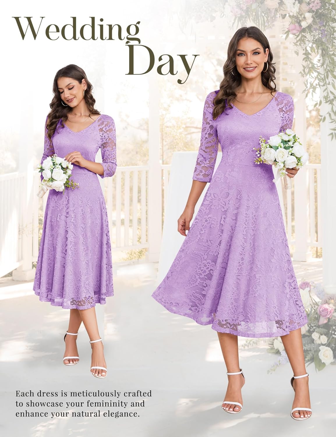 Dressystar Womens Long-Sleeve Wedding Guest Dress A-Line Lace Formal Party Cocktail Midi Dress Prom Gown