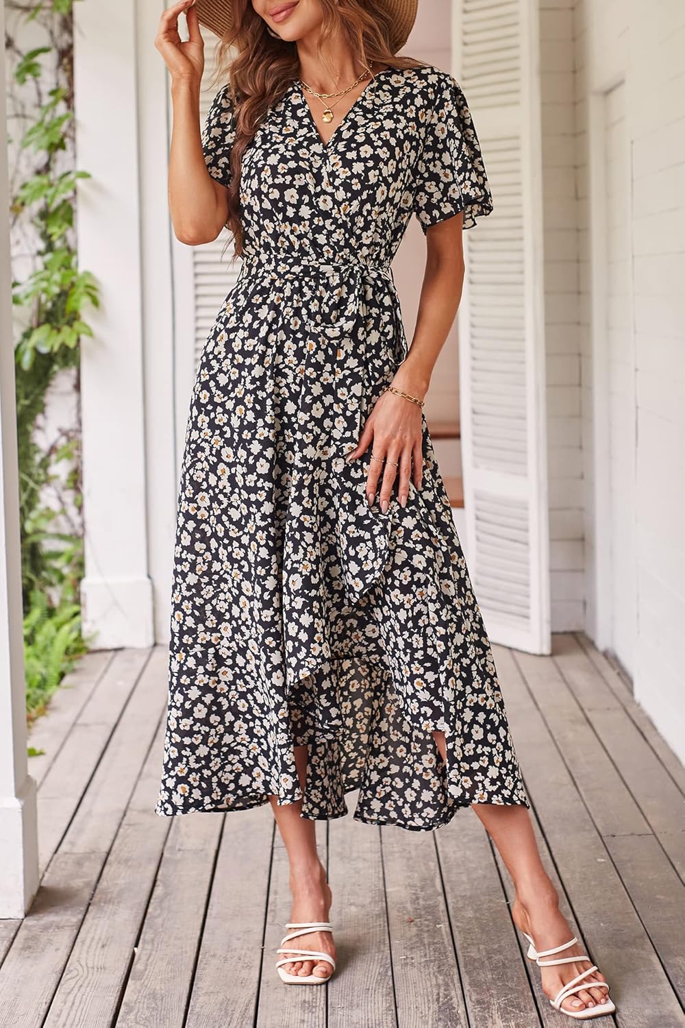 PRETTYGARDEN Women's Summer Floral Boho Dress Wrap V Neck Short Sleeve Ruffle A-Line Flowy Maxi Wedding Guest Dresses