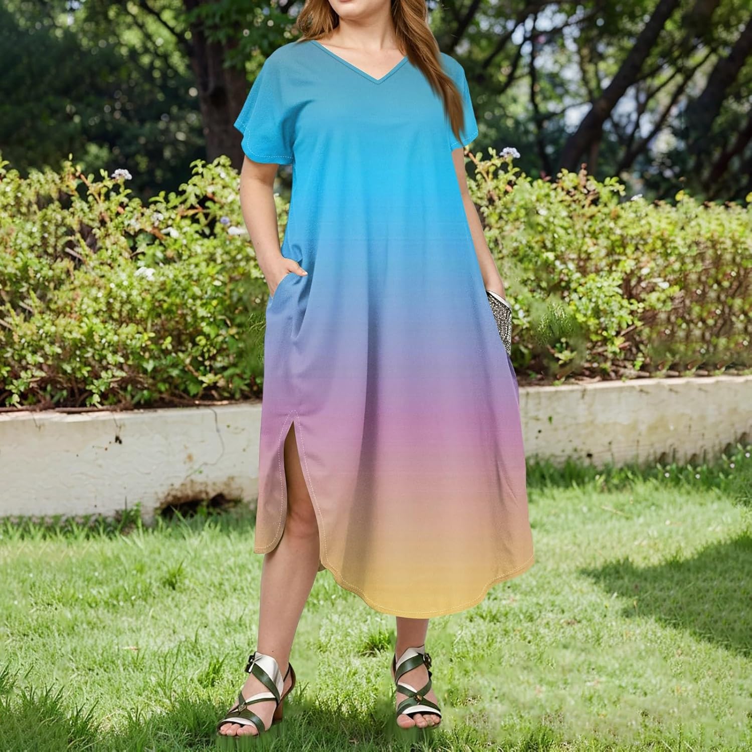 Maxi Dresses for Women 2025 Plus Size Tie Dye V Neck Dress Short Sleeve Side Split Beach Summer Sundress with Pocket