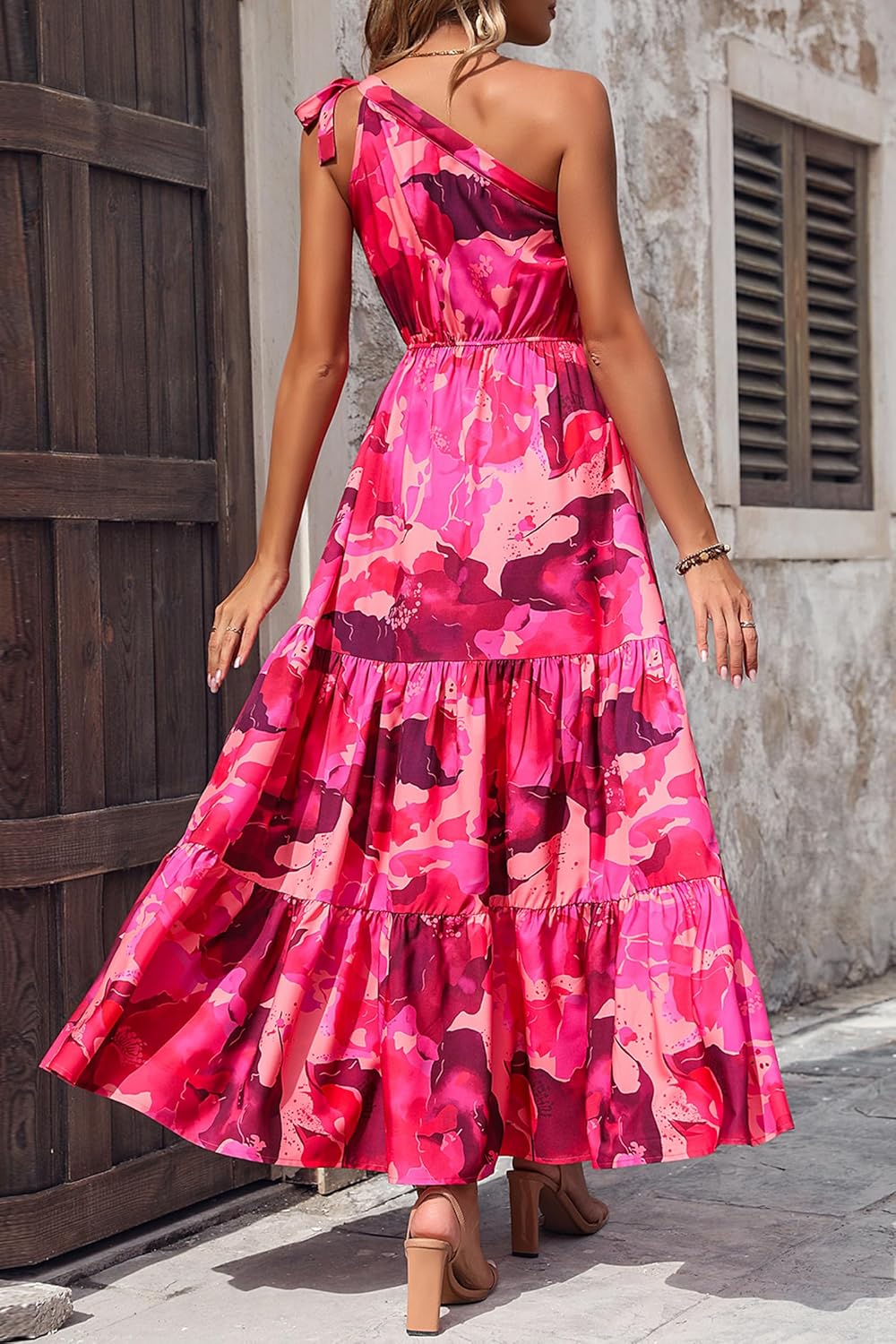 PRETTYGARDEN Women's Summer Floral Maxi Dress Knot One Shoulder Sleeveless Ruffle Flowy Boho Beach Wedding Guest Dresses