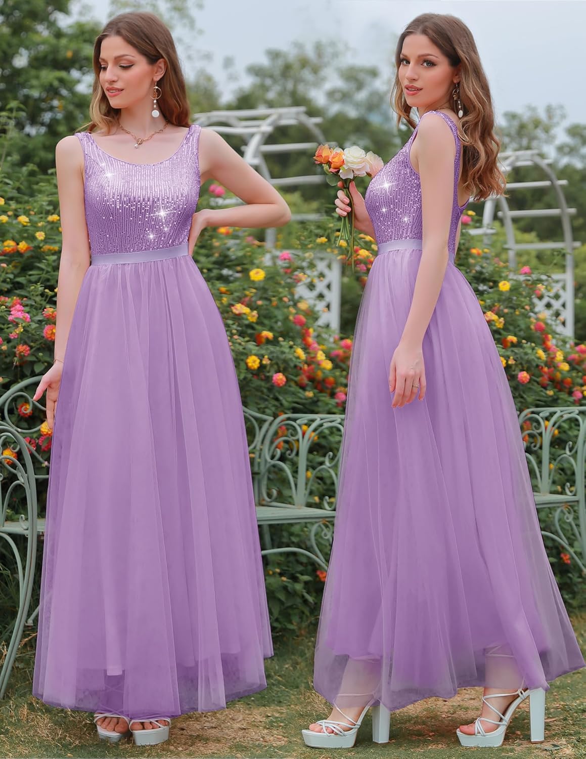 BeryLove Sequin Dress for Woman Vintage A Line Wedding Formal Swing Mesh Dress Sleeveless Cocktail Maxi Gowns