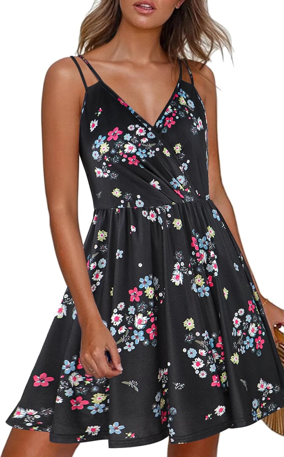 ECOWISH Summer Dresses for Women 2025 V-Neck Spaghetti Strap Bowknot Backless Sleeveless Lace Mini Swing Skater Dress