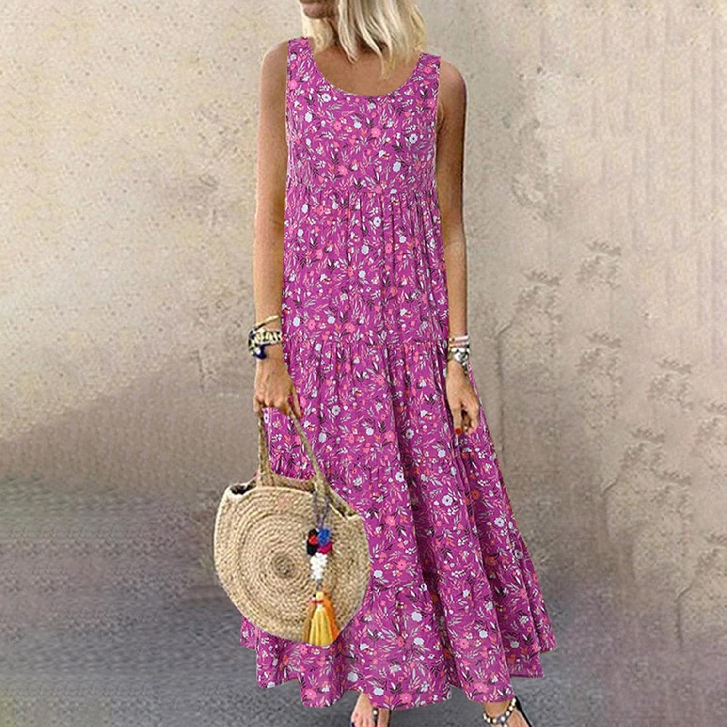 Ceboyel Women Boho Floral Maxi Dresses Flowy Tank Dress Sleeveless Smocked Sundresses Trendy Casual Beach Long Sun Dress