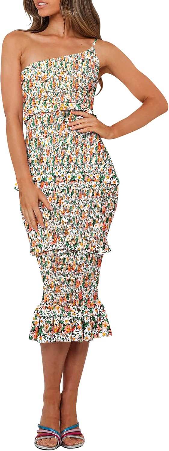 PRETTYGARDEN Women's Summer Midi Bodycon Dresses One Shoulder Strappy Tiered Ruffle Floral Boho Sun Dress