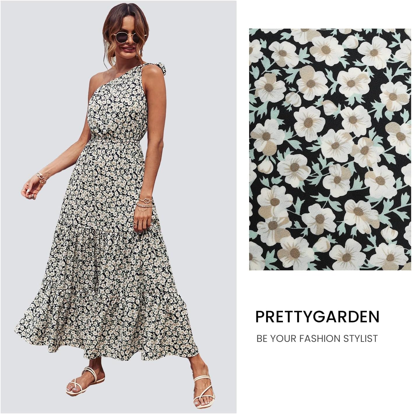 PRETTYGARDEN Women's Summer Floral Maxi Dress Knot One Shoulder Sleeveless Ruffle Flowy Boho Beach Wedding Guest Dresses