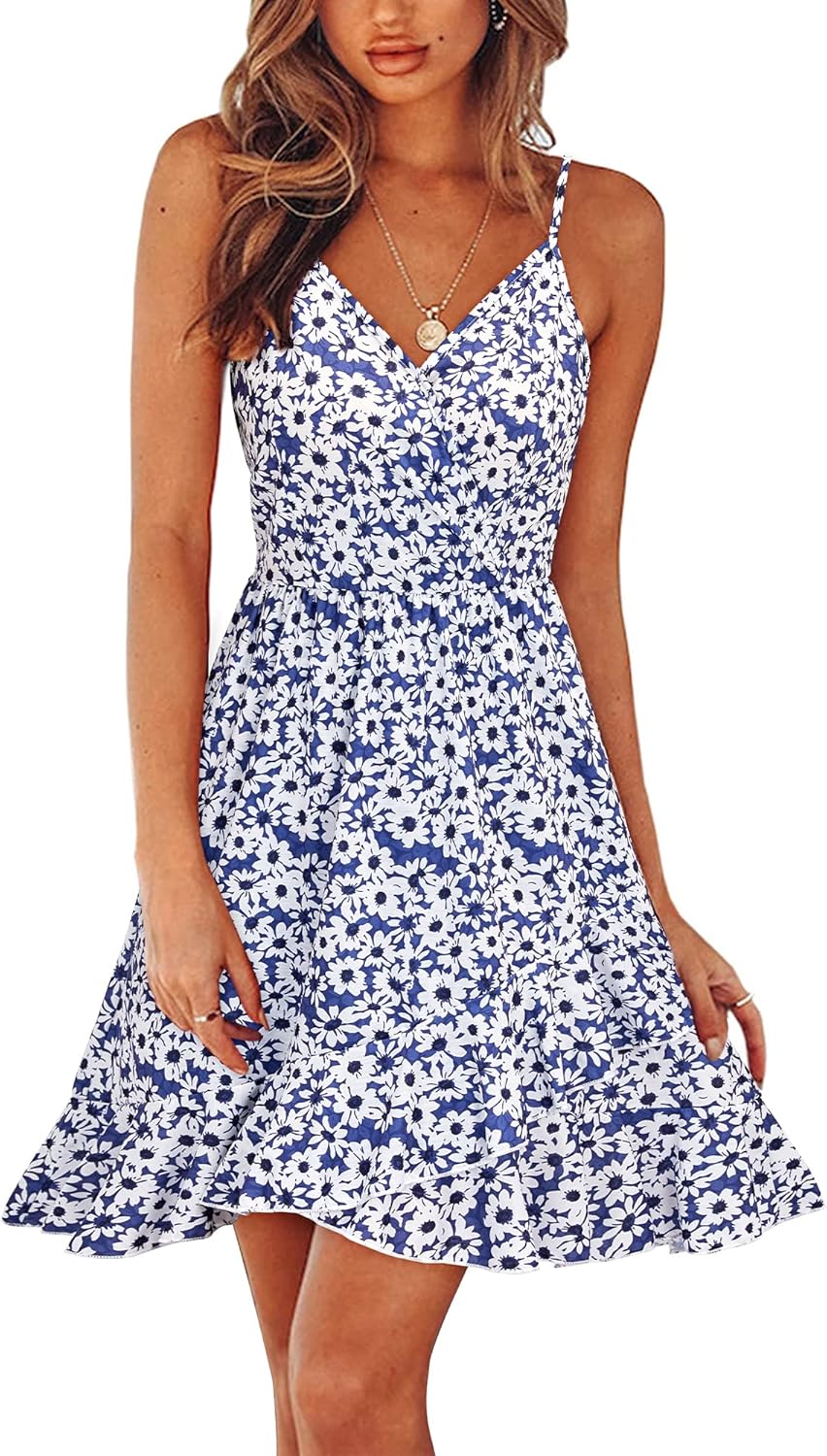 ULTRANICE Womens Summer Dresses Floral V Neck Ruffled Hem Spaghetti Spring Casual Beach Outfits Flowy Wrap Sun Dress
