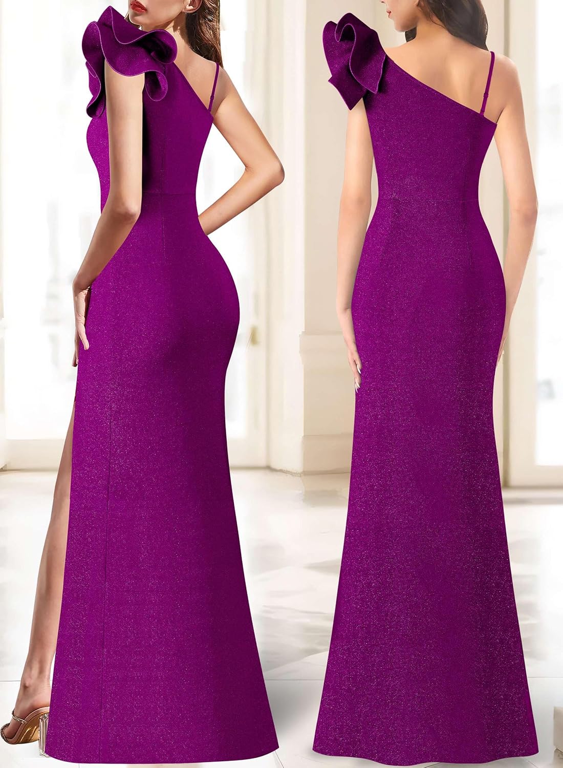 VFSHOW Womens Ruffle One Shoulder Strap Ruched Formal Prom Wedding Maxi Dress V Neck Elegant Split Cocktail Evening Long Gown