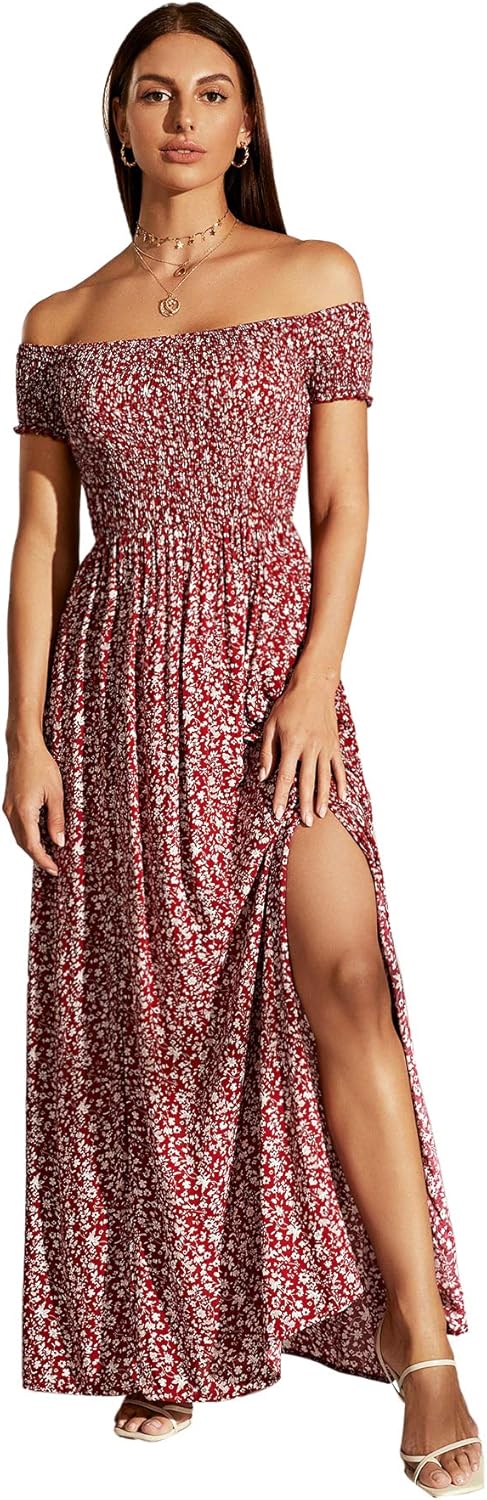 Floerns Women's Boho Floral Print Off Shoulder Split Long A Line Dress