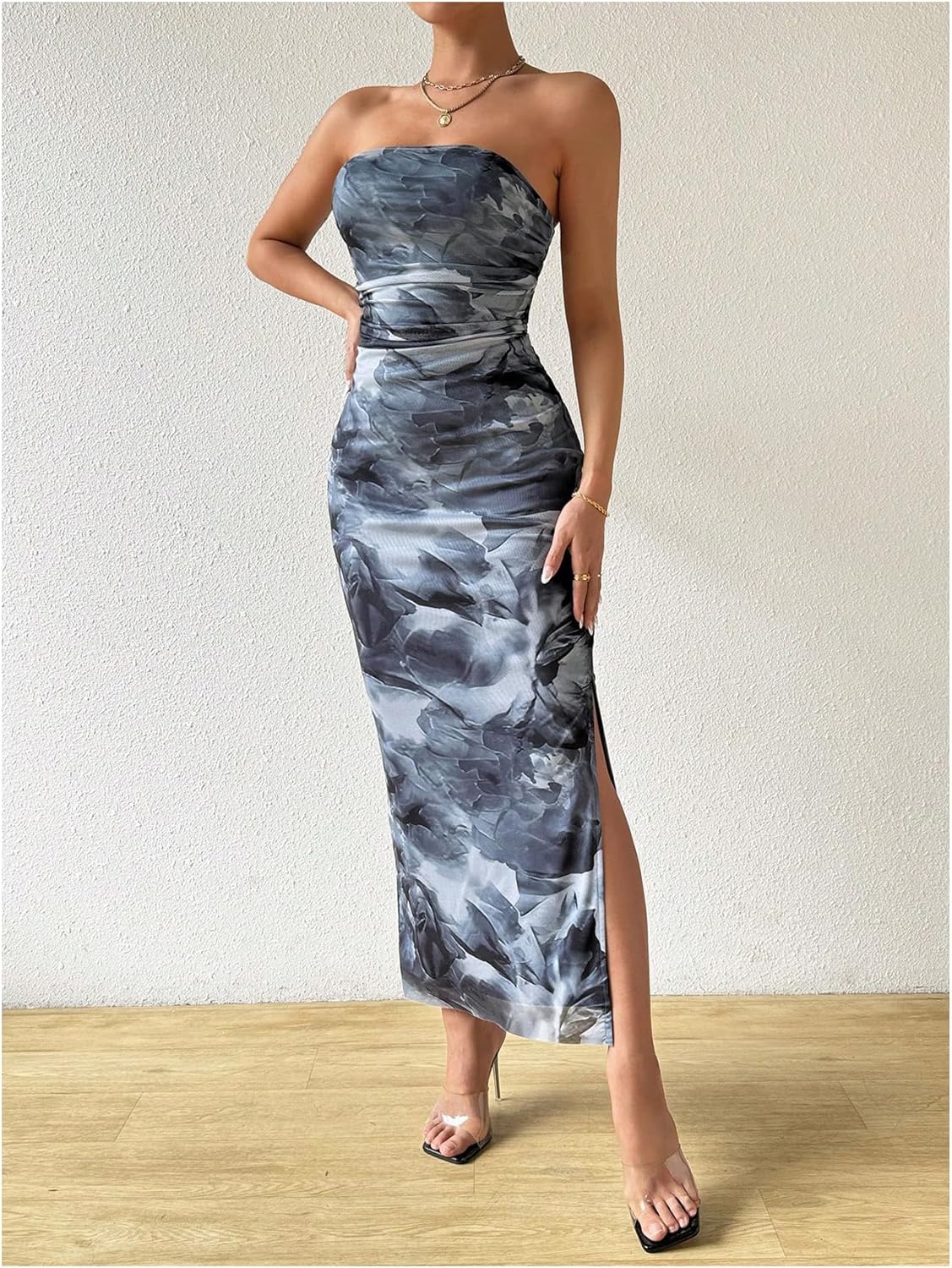 Milumia Women's Printed Strapless Tube Top Long Dress Slit Hem Sleeveless Bodycon Maxi Dresses