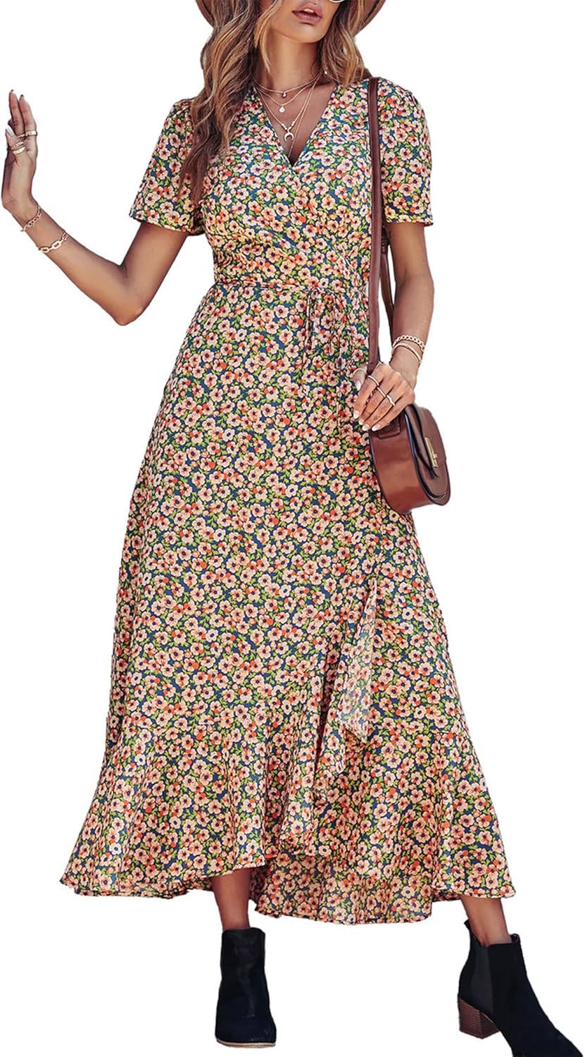 PRETTYGARDEN Women's Summer Wrap Maxi Dress Casual Short Sleeve Floral Boho V Neck Split Ruffle Beach Long Dresses