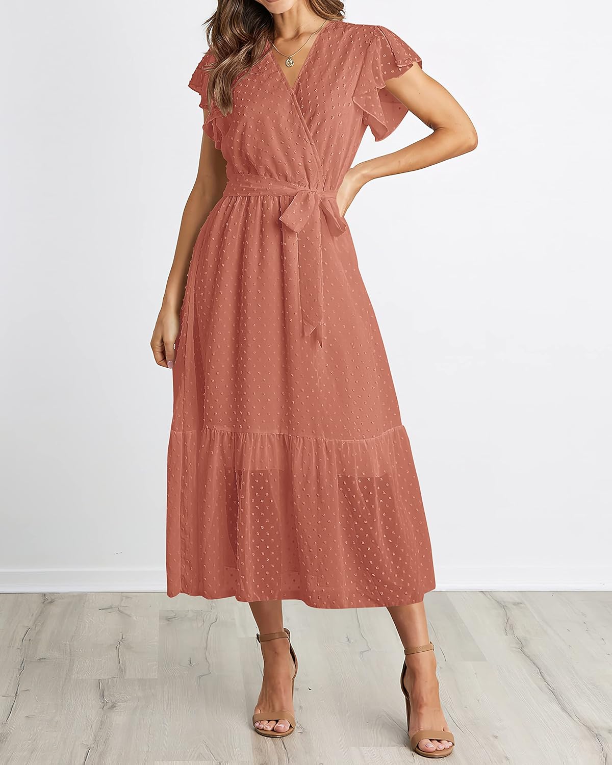 BTFBM Women Summer Bohemian Floral Casual Wrap V Neck Ruffle Cap Sleeveless Belt A-Line Pleated Hem Midi Sun Dress White