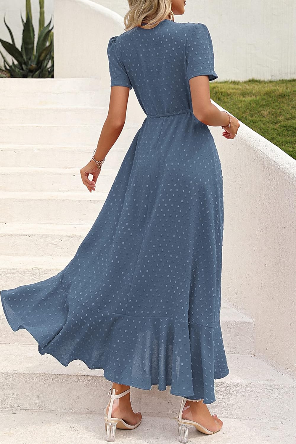 PRETTYGARDEN Women's Summer Wrap Maxi Dress Casual Short Sleeve Floral Boho V Neck Split Ruffle Beach Long Dresses
