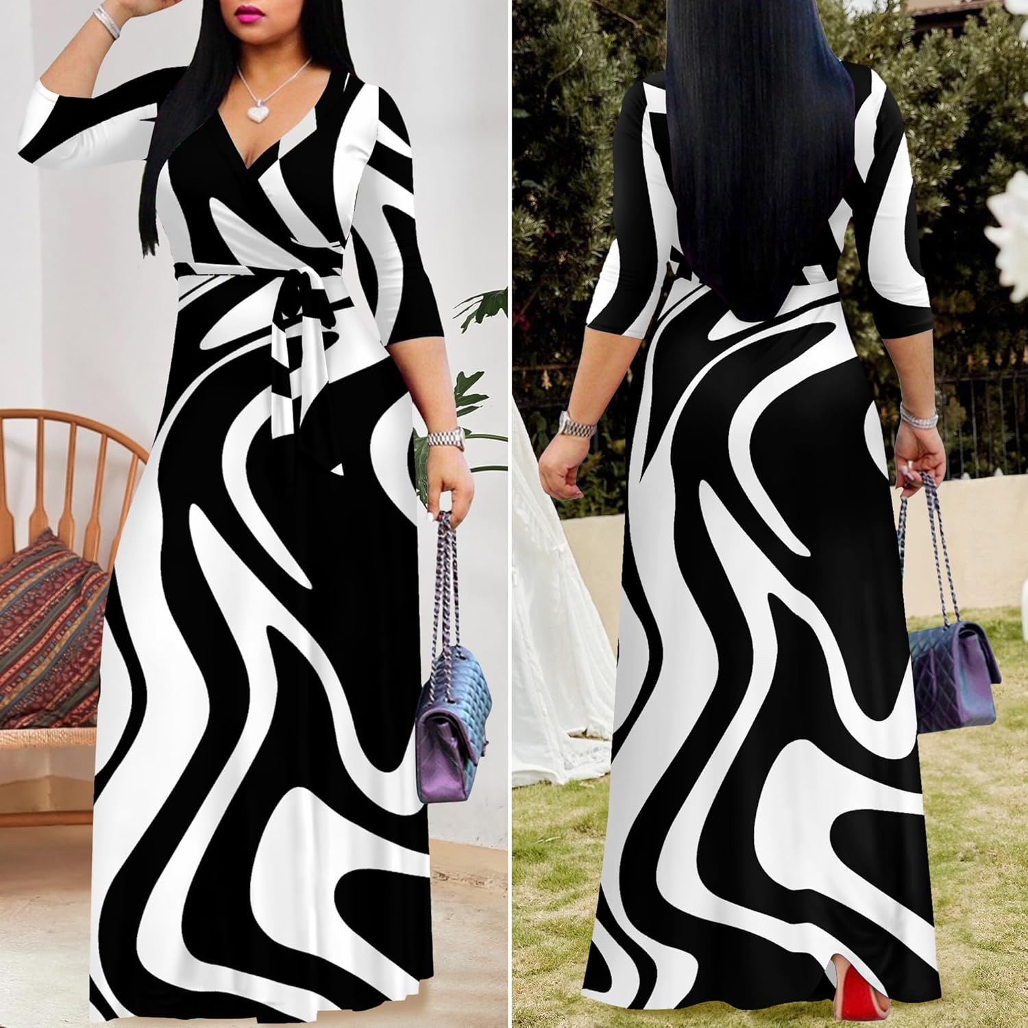 FANDEE Plus Size Maxi Dress for Women Casual Summer Sundress V-Neck 3/4 Sleeve