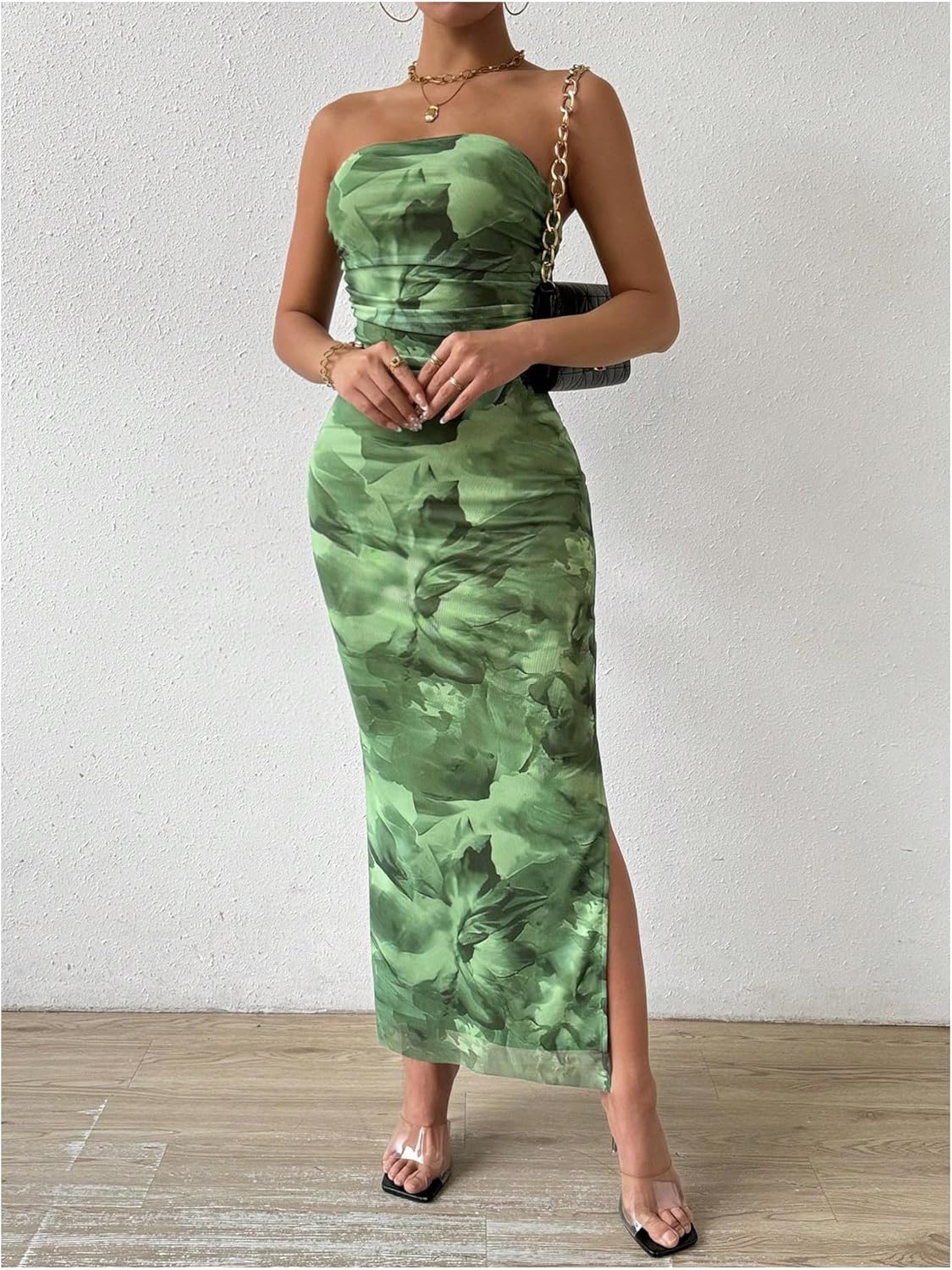 Milumia Women's Printed Strapless Tube Top Long Dress Slit Hem Sleeveless Bodycon Maxi Dresses